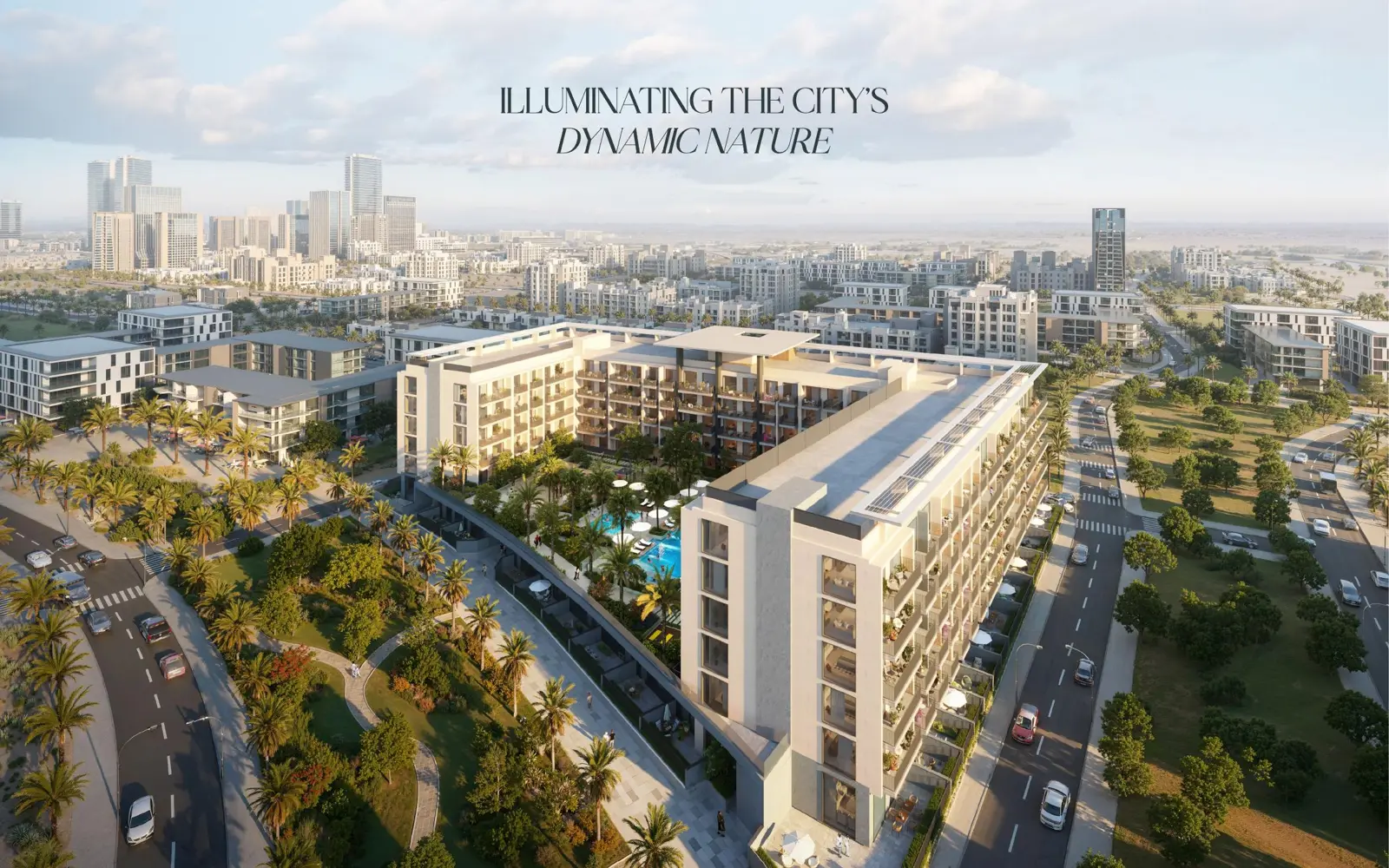 Aerial view of the building and pool among palms