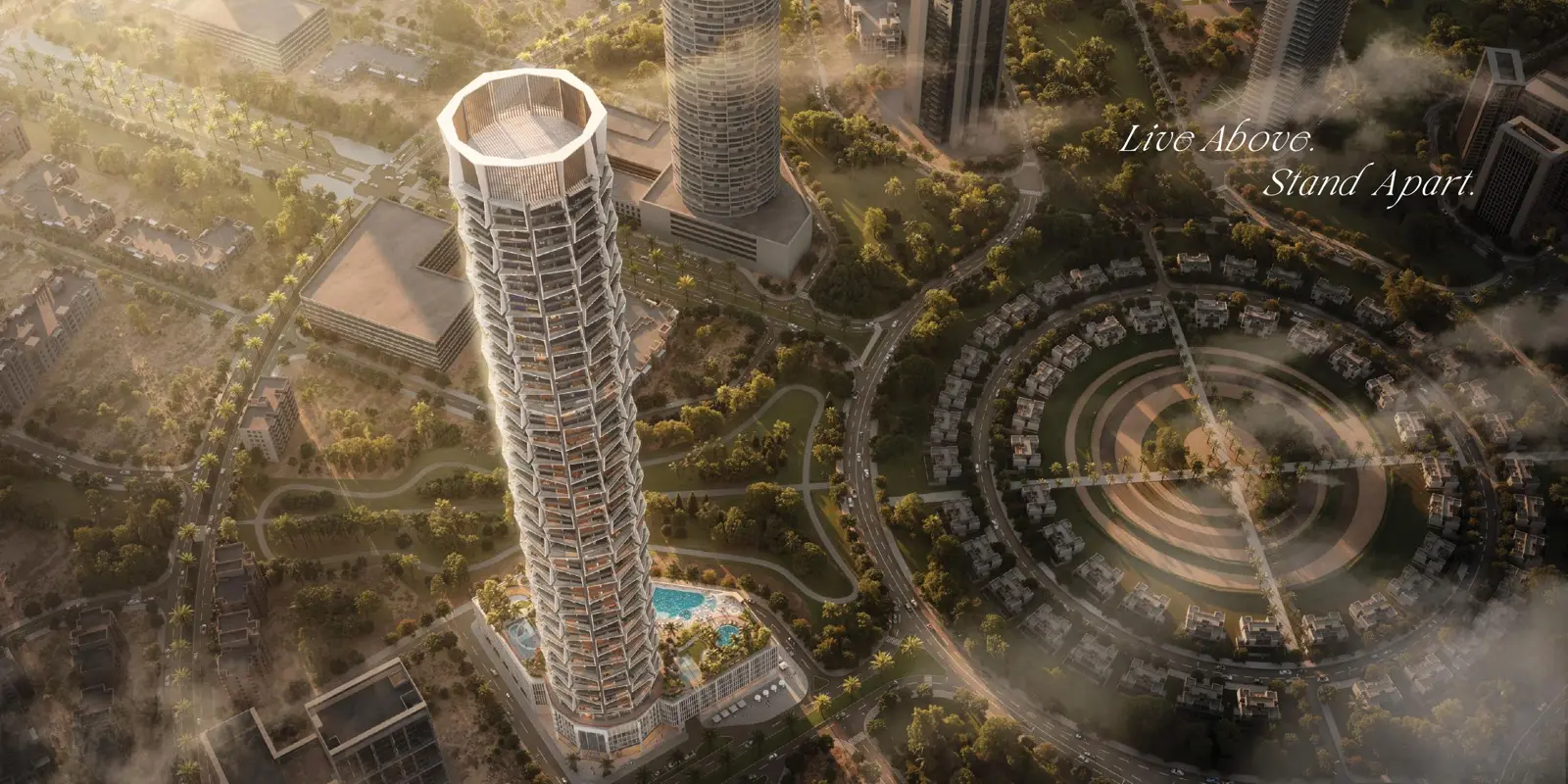 Aerial view of the tower with tagline