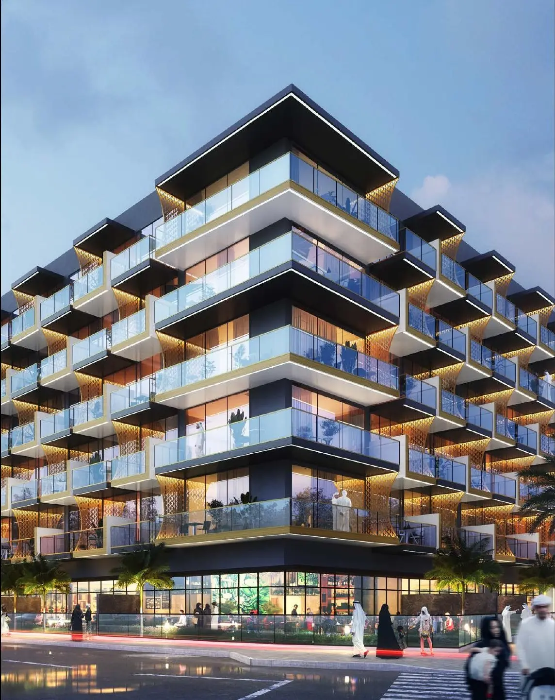 Corner of the building with glass balconies at dusk