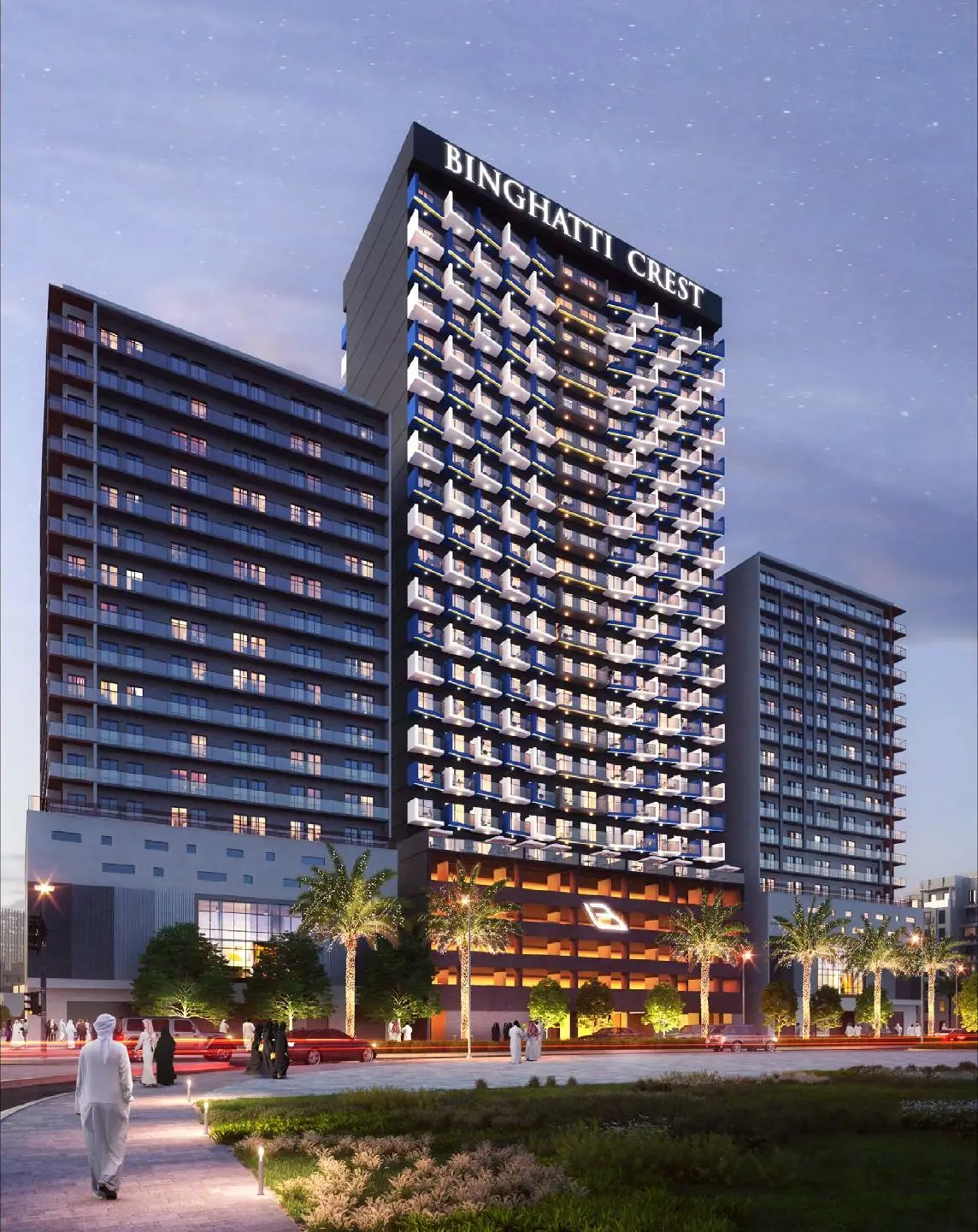 Tower with illuminated balconies and lit podium at dusk