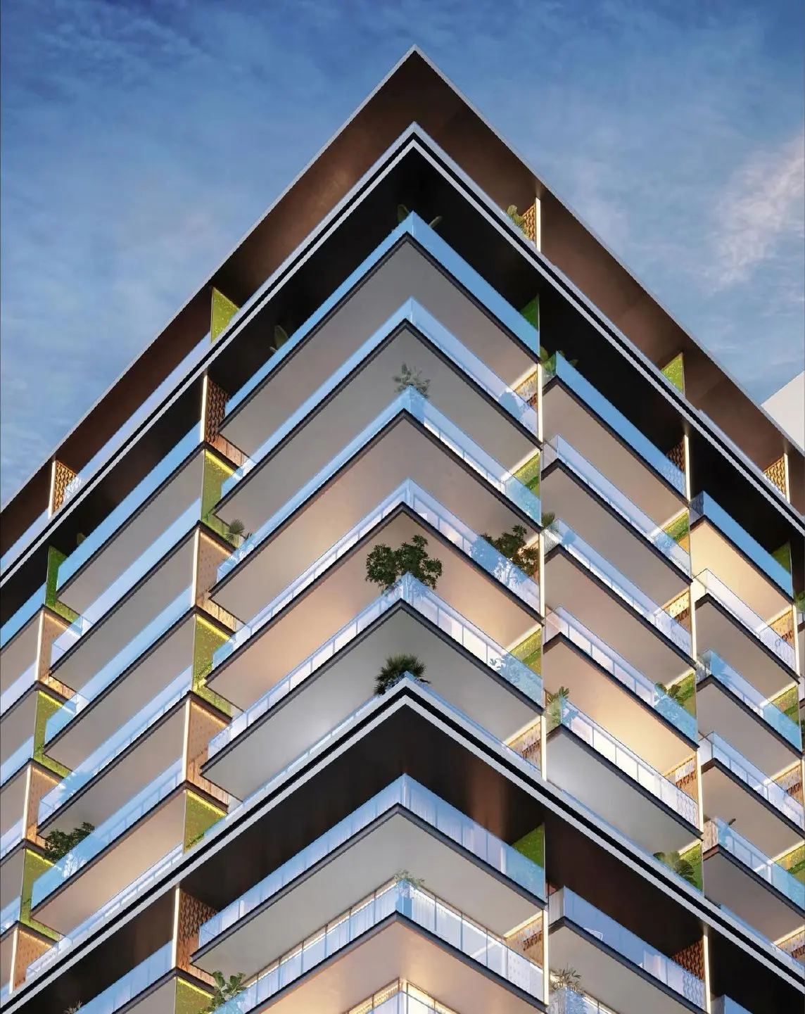Close view of the angled balconies