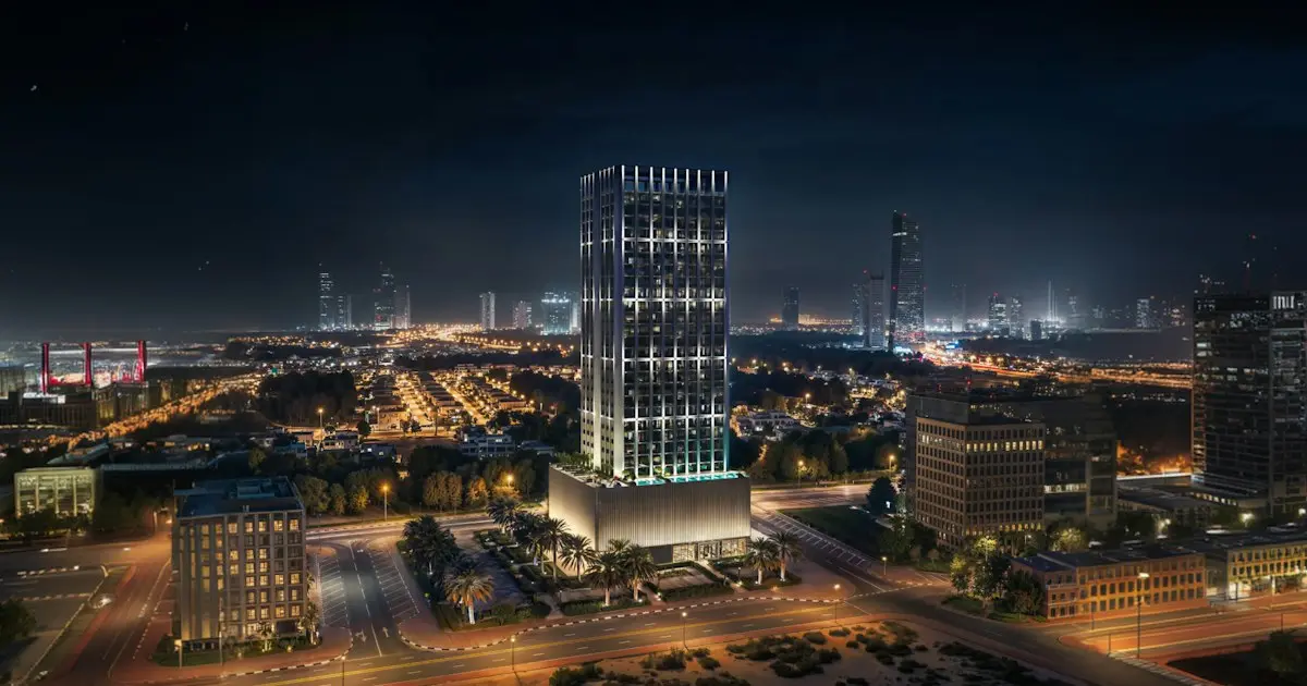 Tower at night in the city skyline