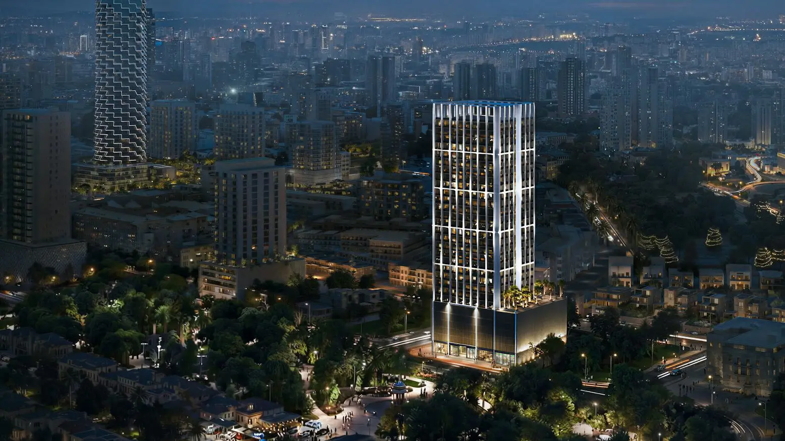 Aerial dusk view of the tower in the city