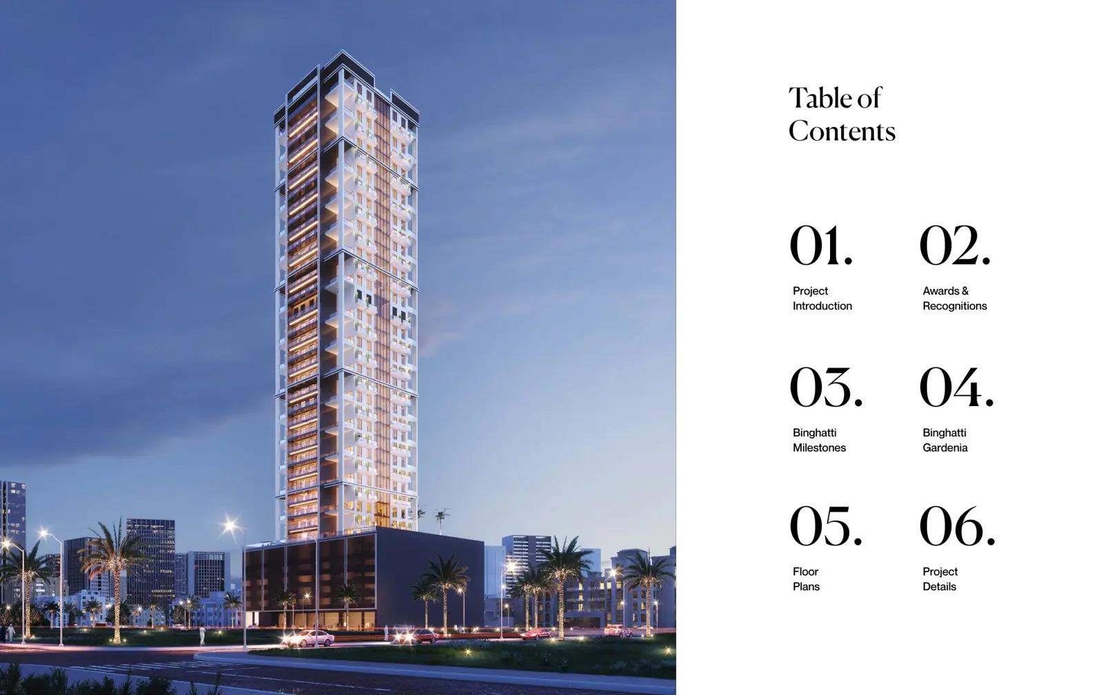 Gardenia tower at dusk with podium and palms