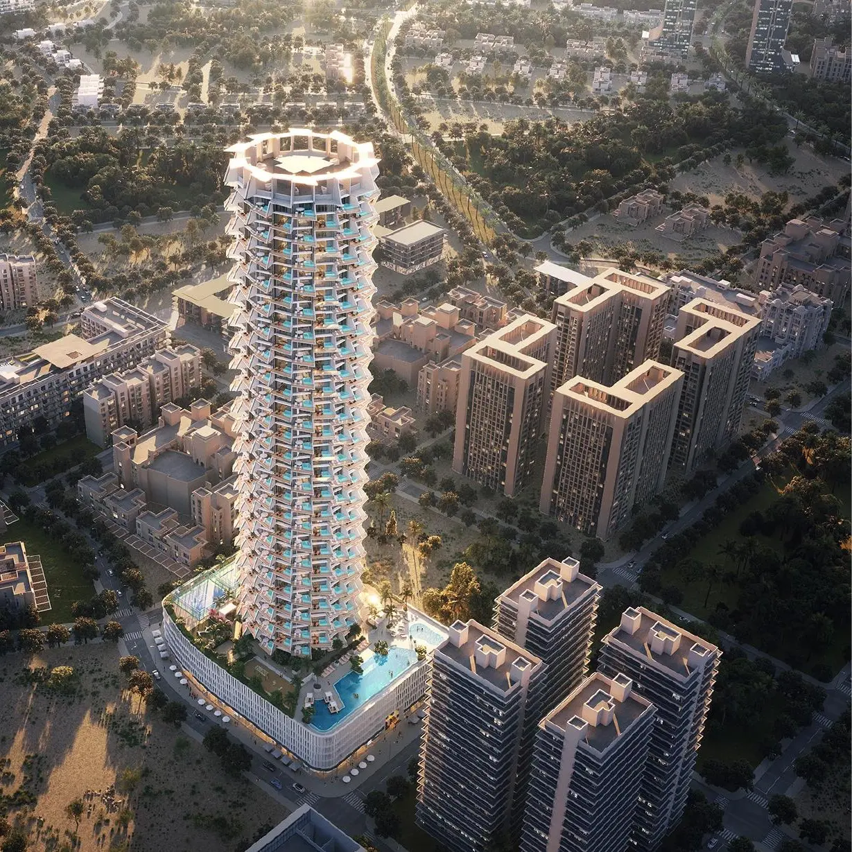 Aerial view of the tower and podium pool