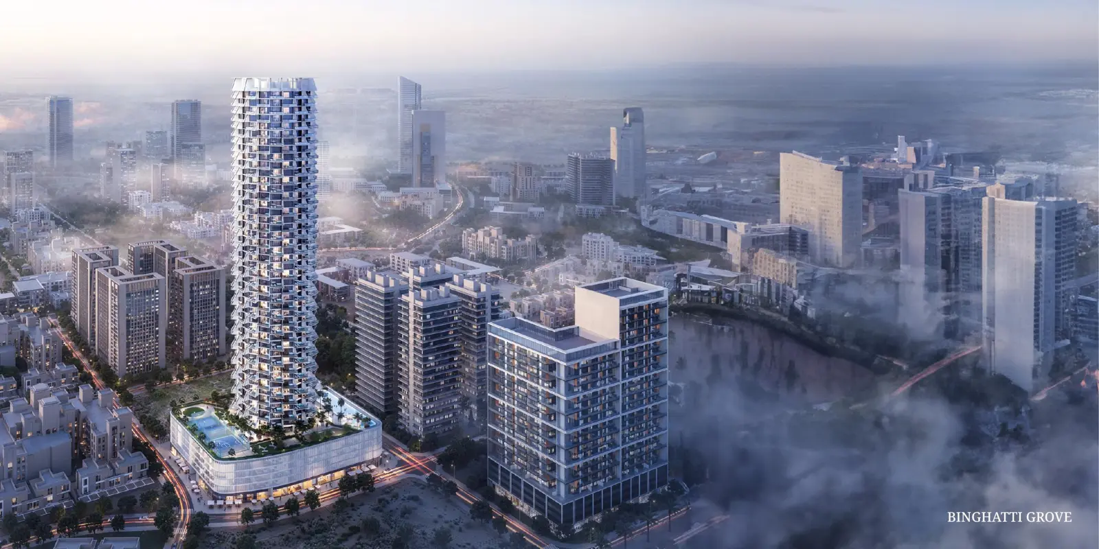Aerial view of the tower among city blocks