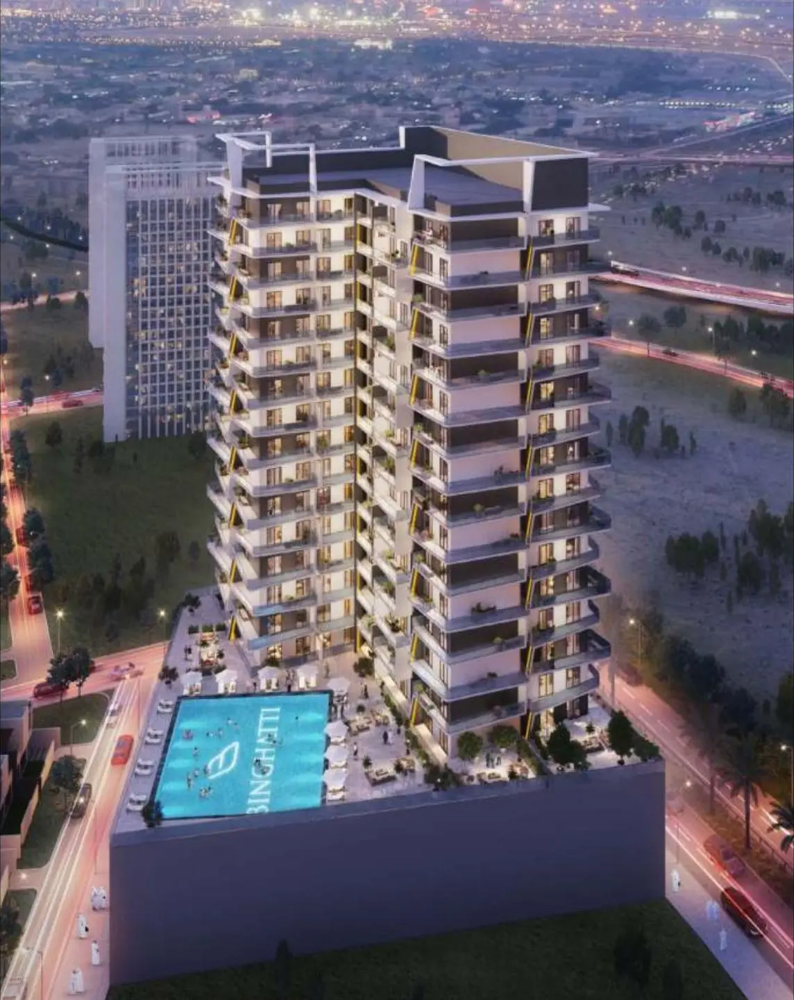 Aerial view of tower with rooftop pool