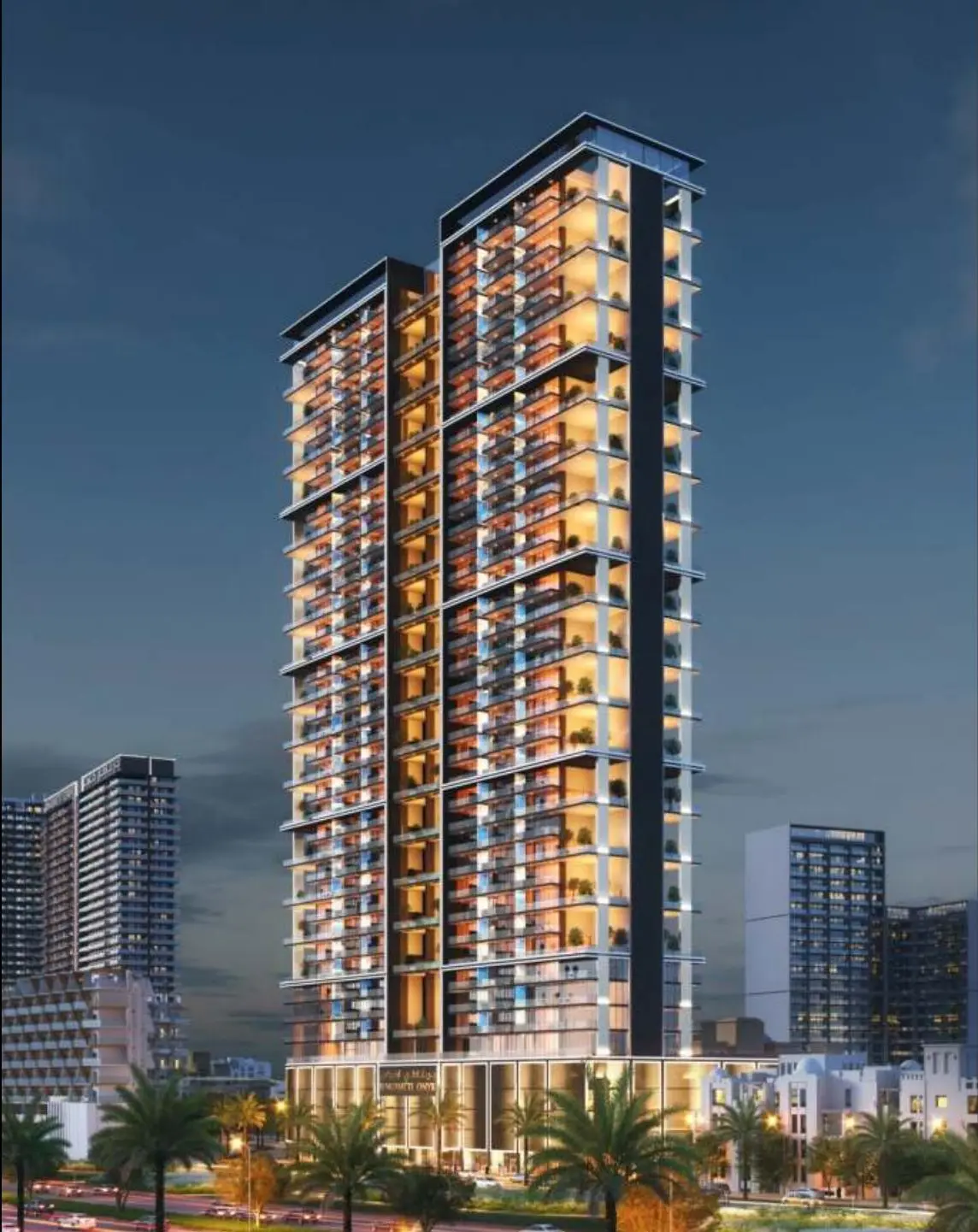 Tower at dusk with warm lit balconies
