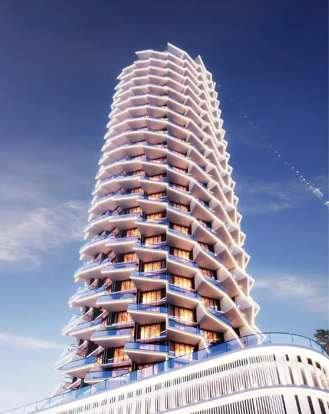 Low angle view of the staggered balcony facade