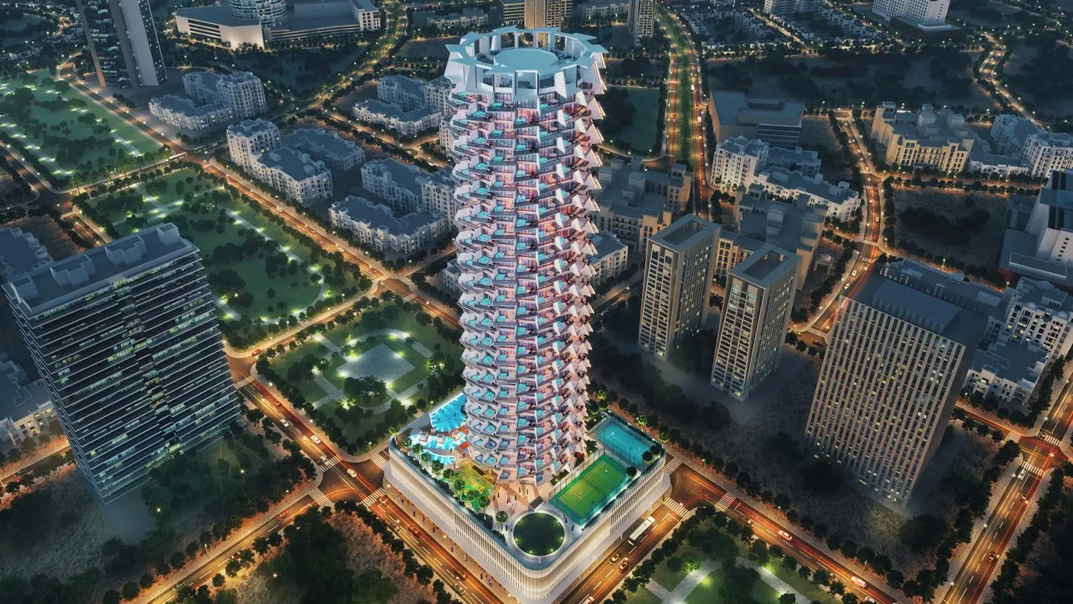 Aerial night view of tower and podium