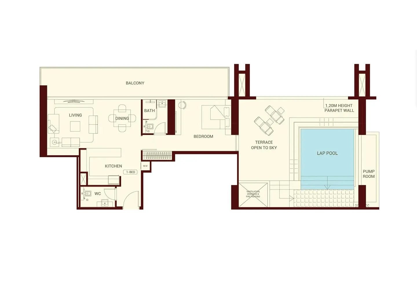 One-bedroom floor plan with terrace and lap pool