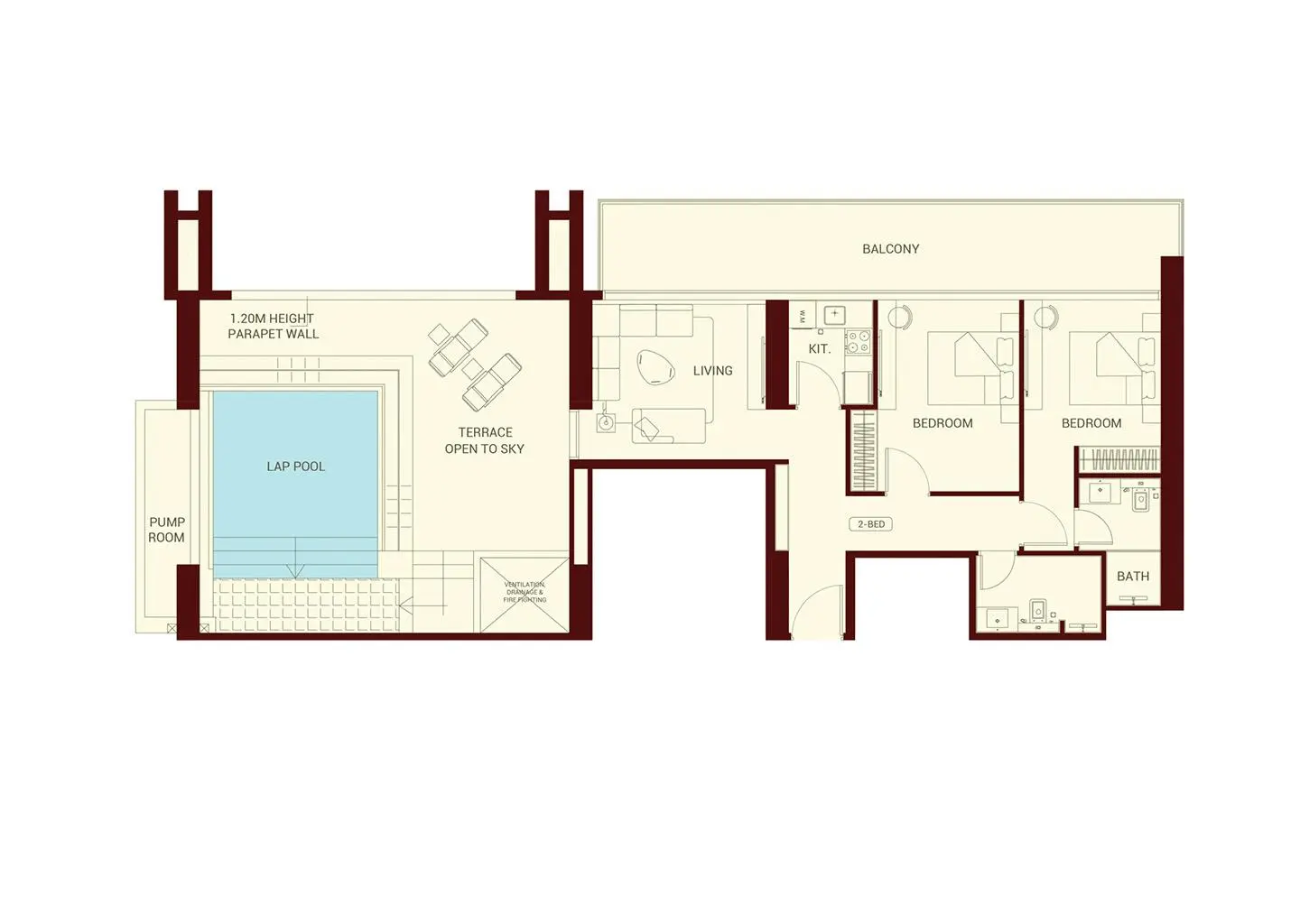 Two-bedroom floor plan with terrace and lap pool