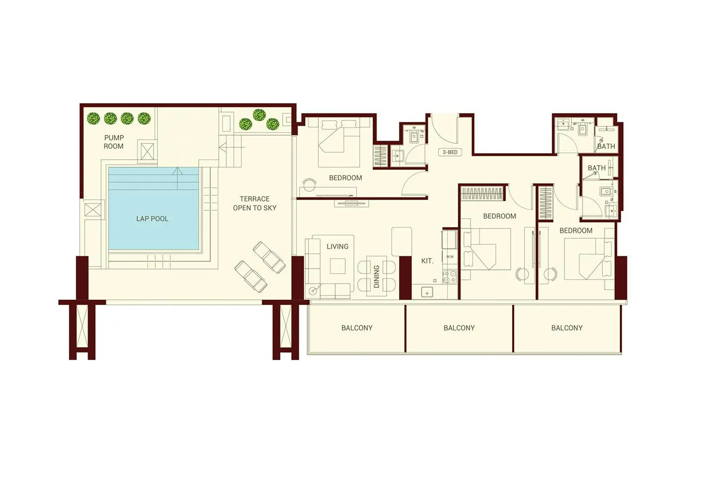 Three-bedroom floor plan with terrace and lap pool