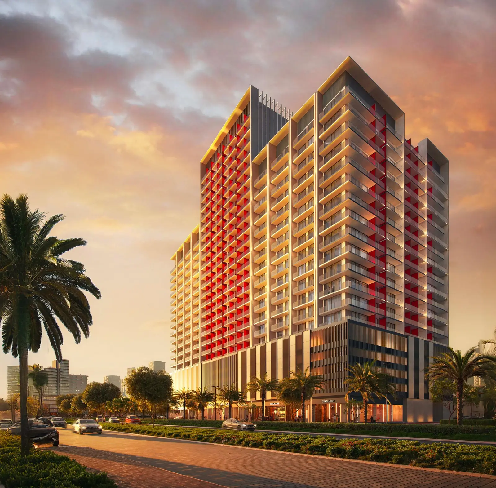 Red-accented tower at sunset beside project facts