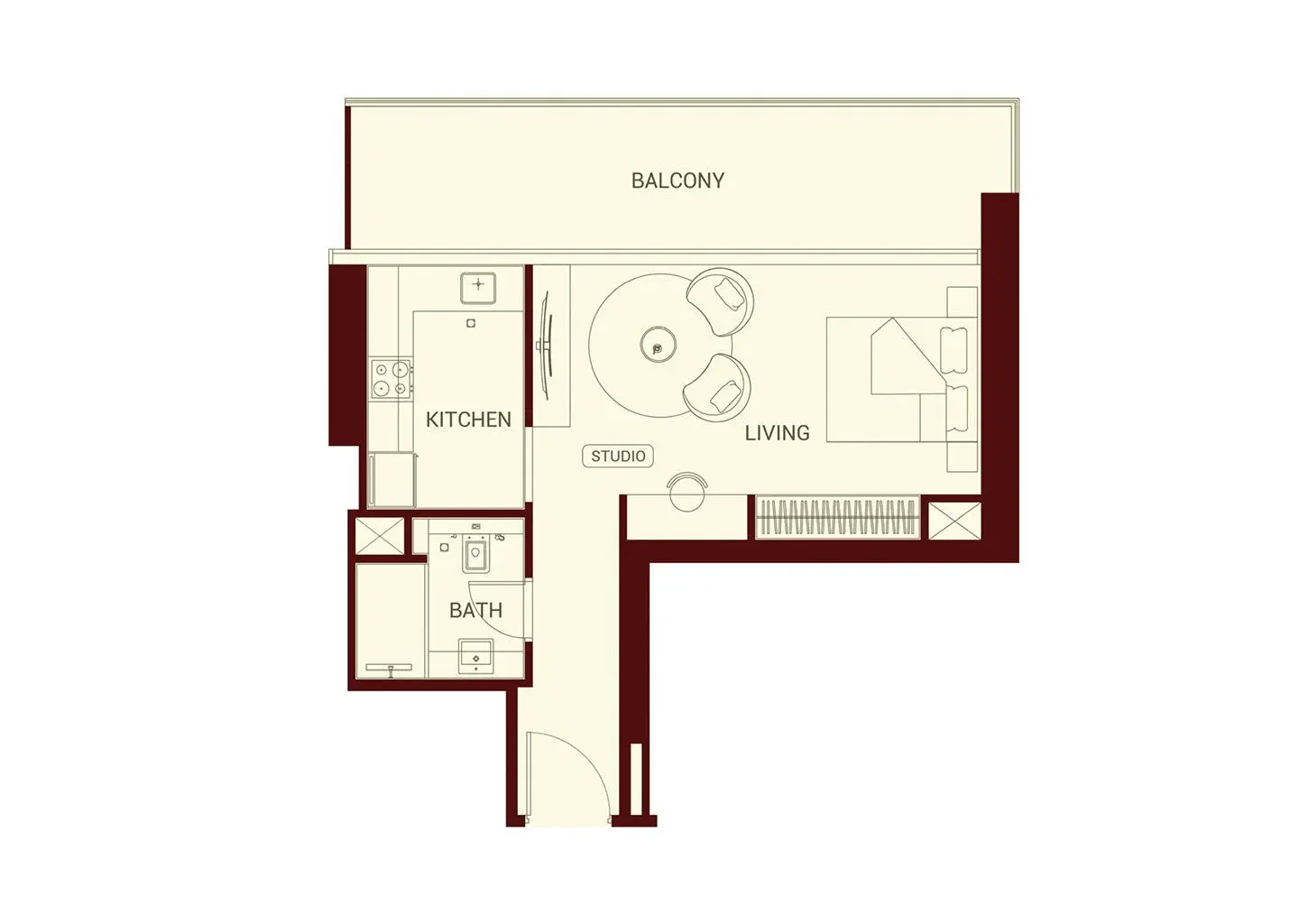 Studio apartment floor plan with balcony