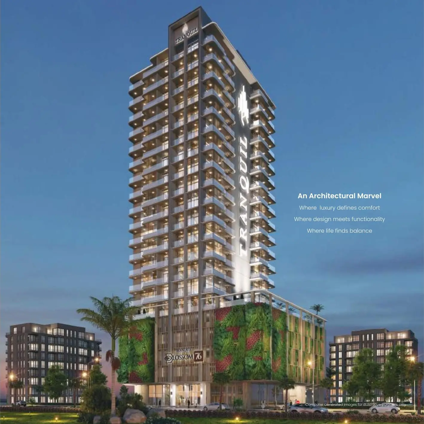 Blossom 76 tower at dusk with green podium walls