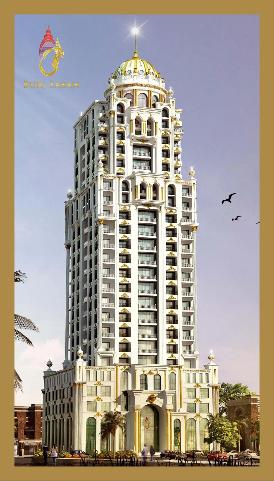 Tower render with white facade, gold details and dome