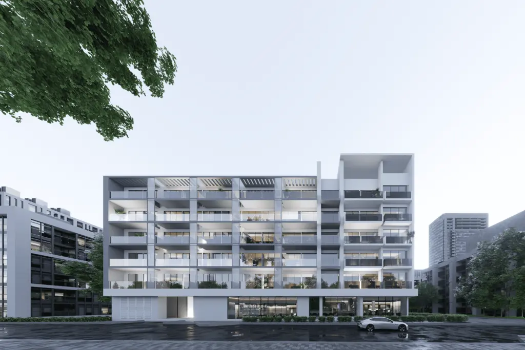 Street view of the white balconied residential building