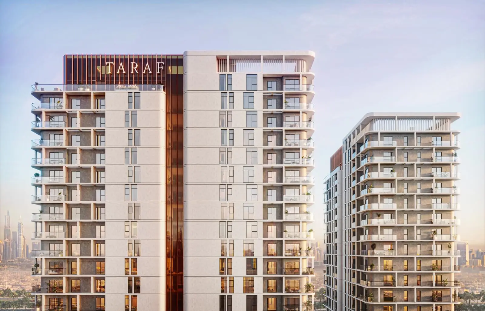Upper floors of both towers at sunset