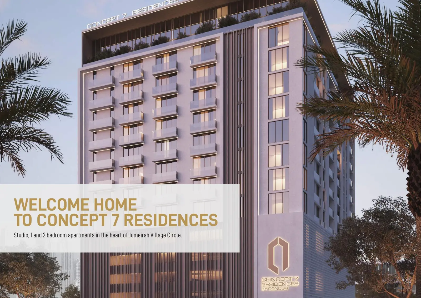 Full tower facade with balconies and palms