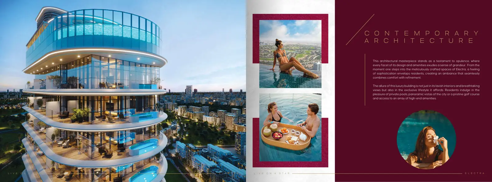 Tower with terrace pools on curved balconies