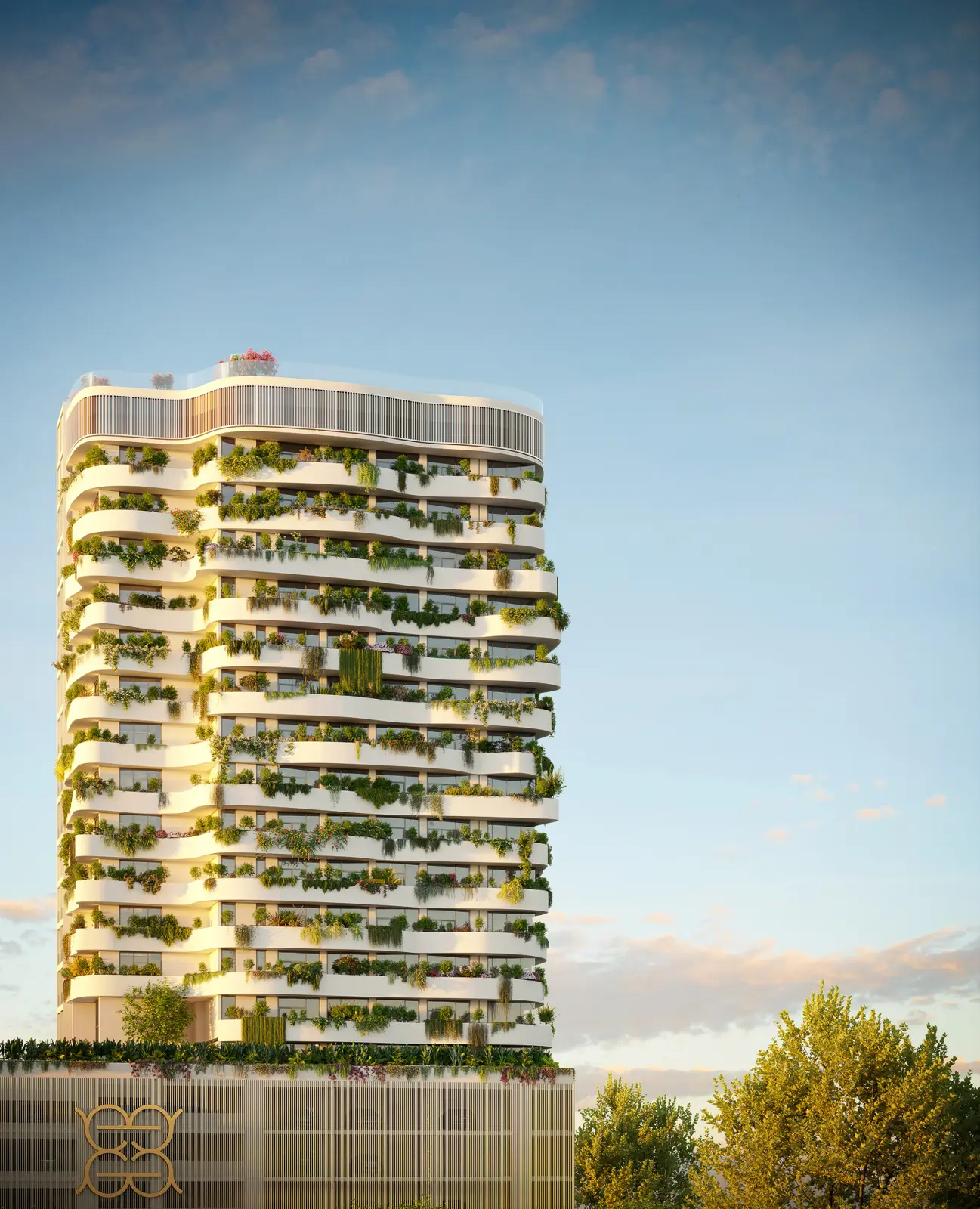 Curved tower with planted balconies at each floor