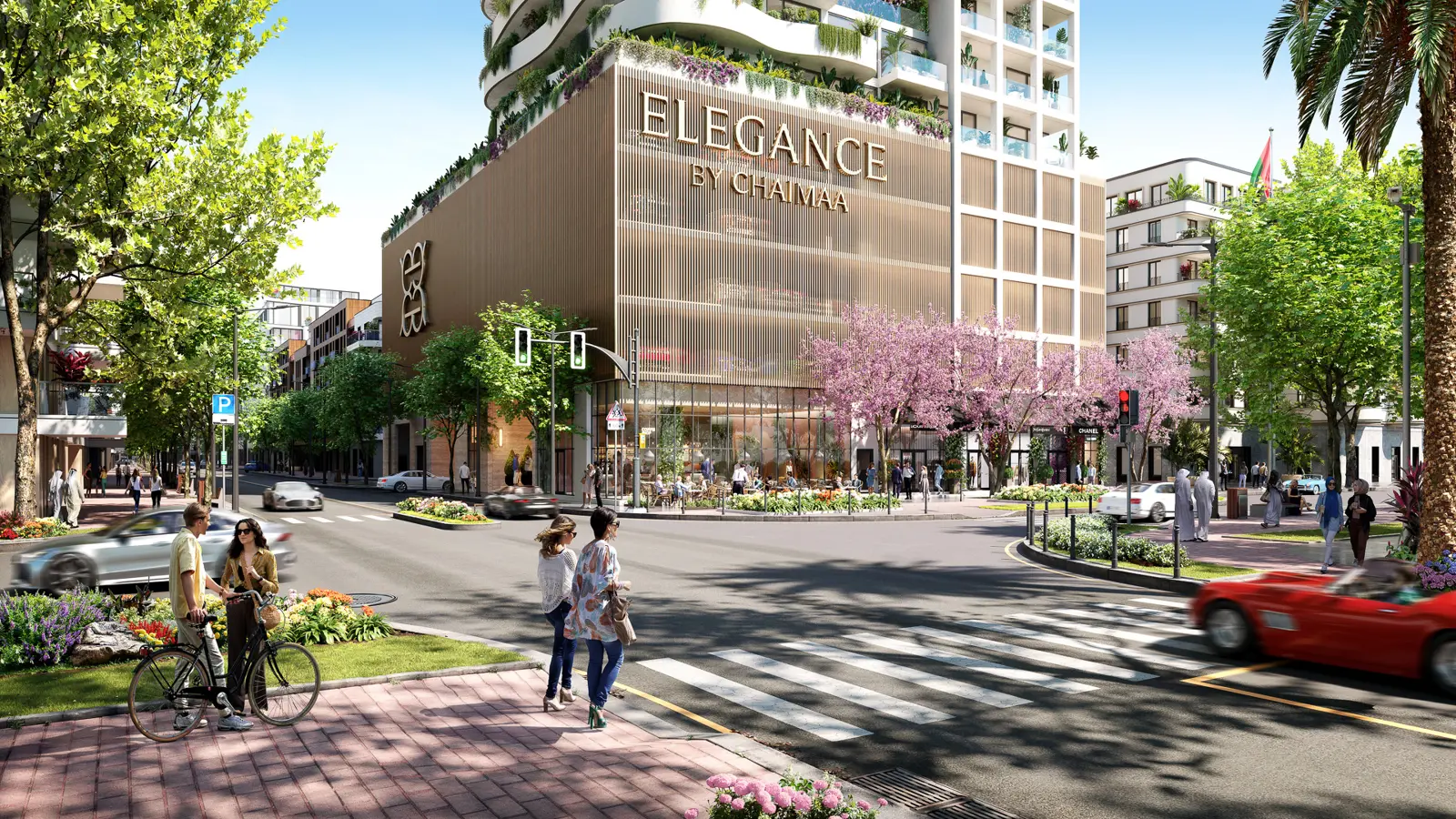 Street view of the tower podium with the Elegance by Chaimaa sign