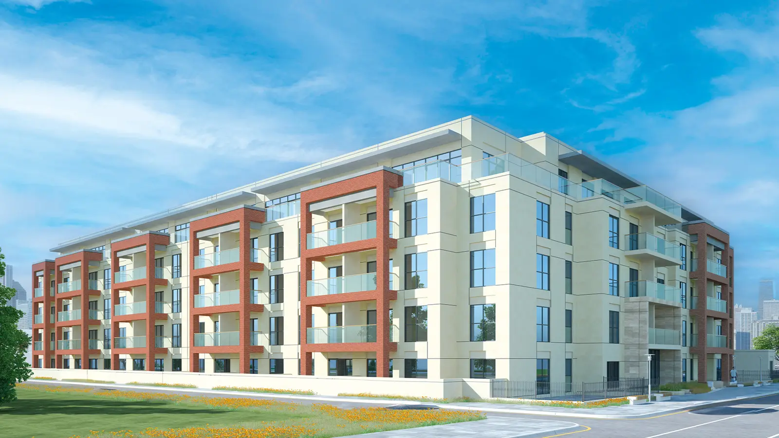 Five-storey apartment block with red balcony frames
