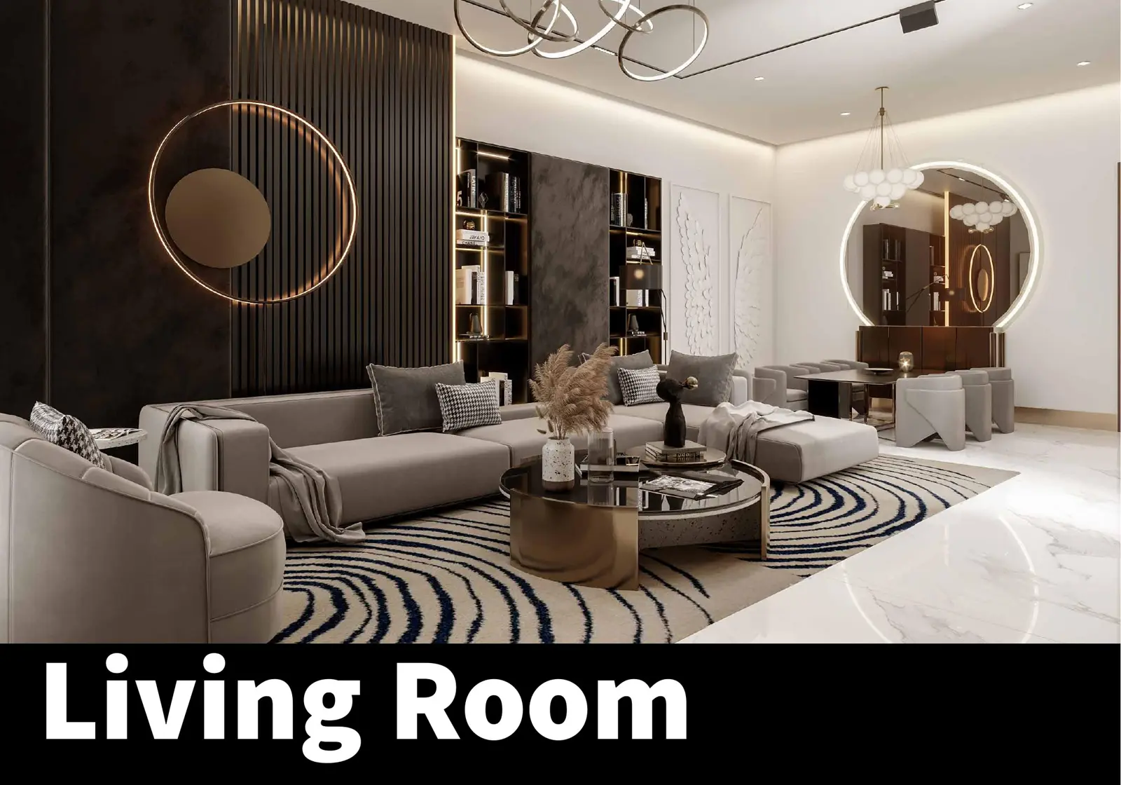 Living room with sofa and round mirror