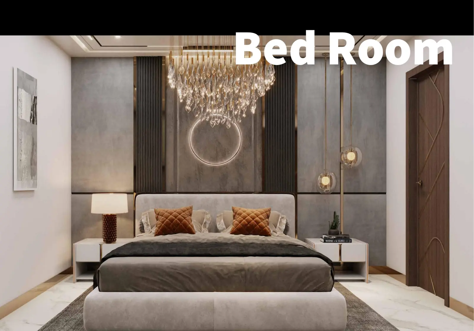 Bedroom with chandelier and panelled wall