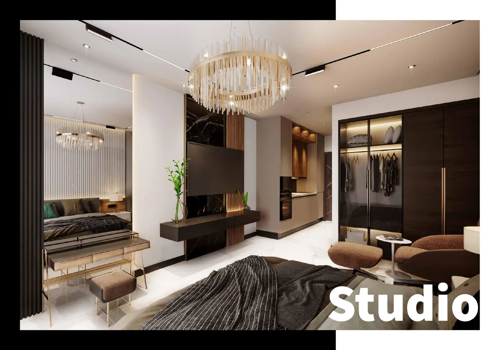 Studio apartment with bed and wardrobe