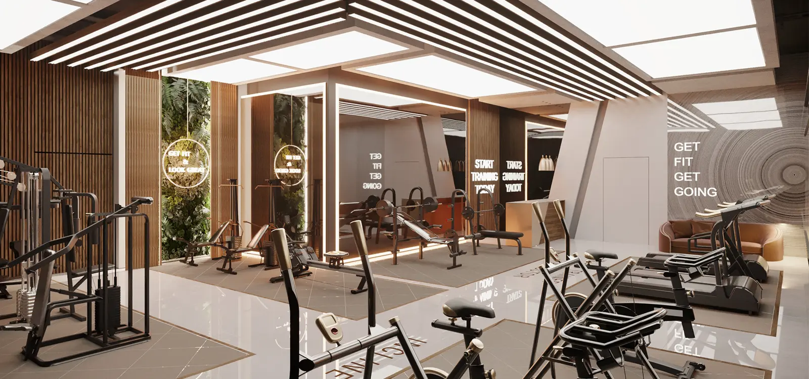 Fitness center with equipment and wood panels
