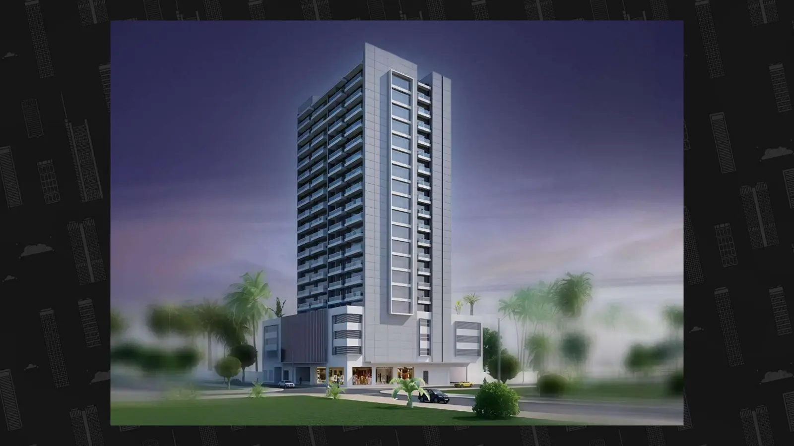 Tall residential tower with retail podium at dusk