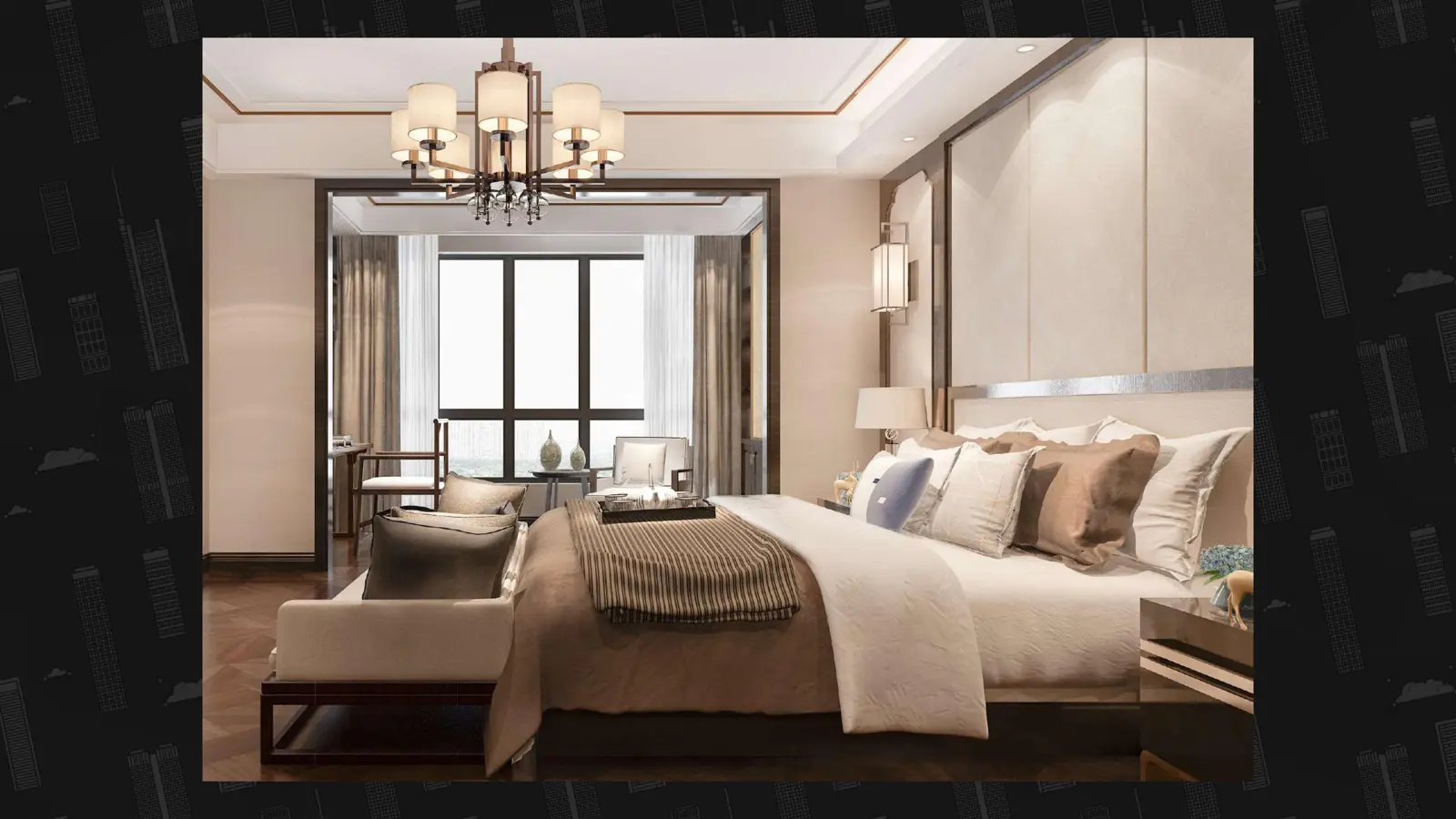 Bedroom with chandelier and large window