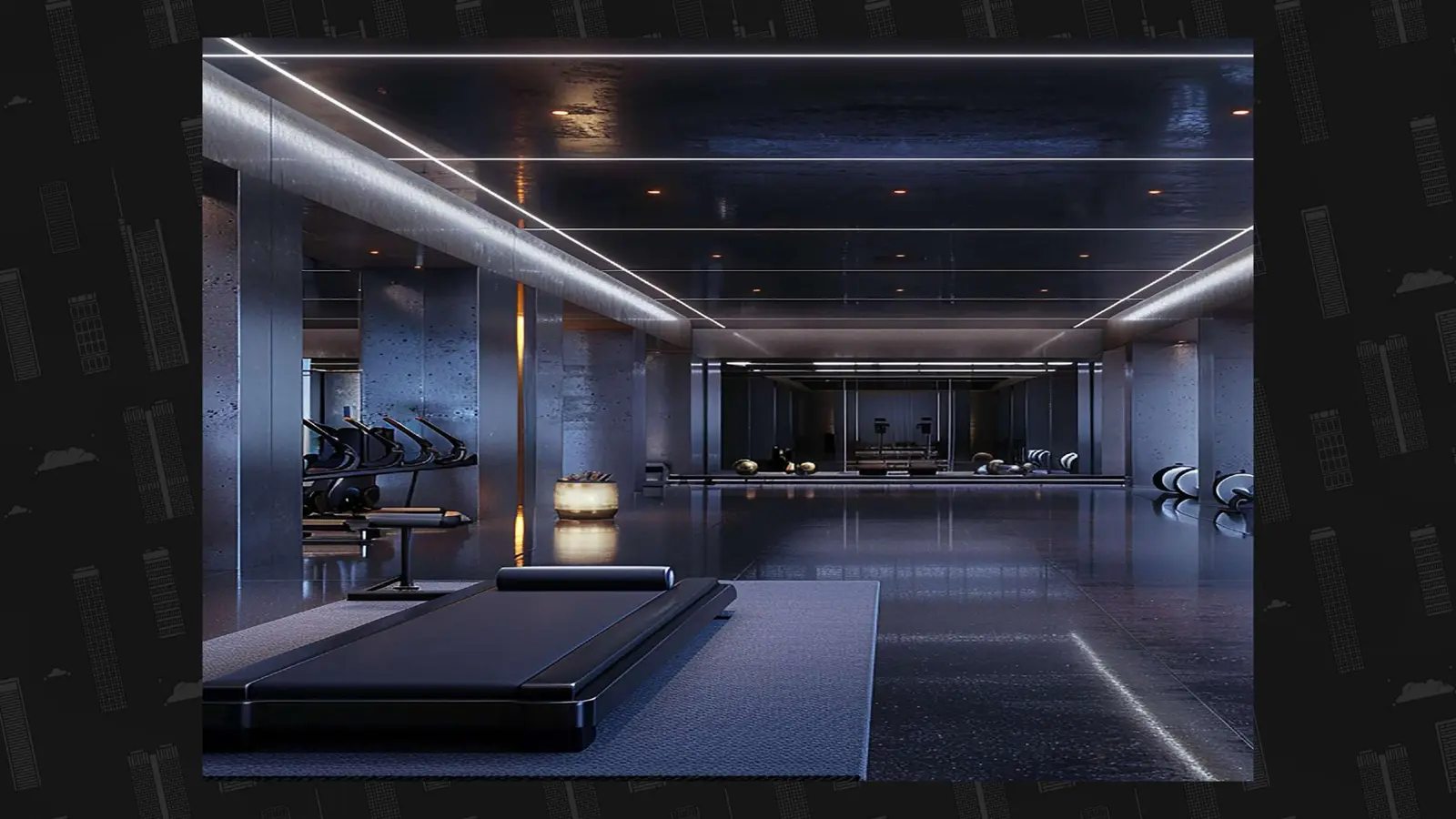 Dark gym interior with equipment and linear lighting