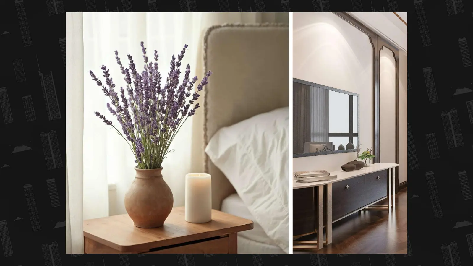 Bedside lavender vase and a console with wall-mounted TV