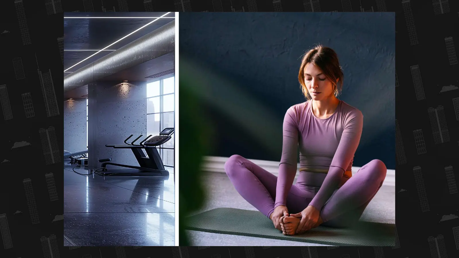 Gym with treadmill next to a woman stretching on a mat