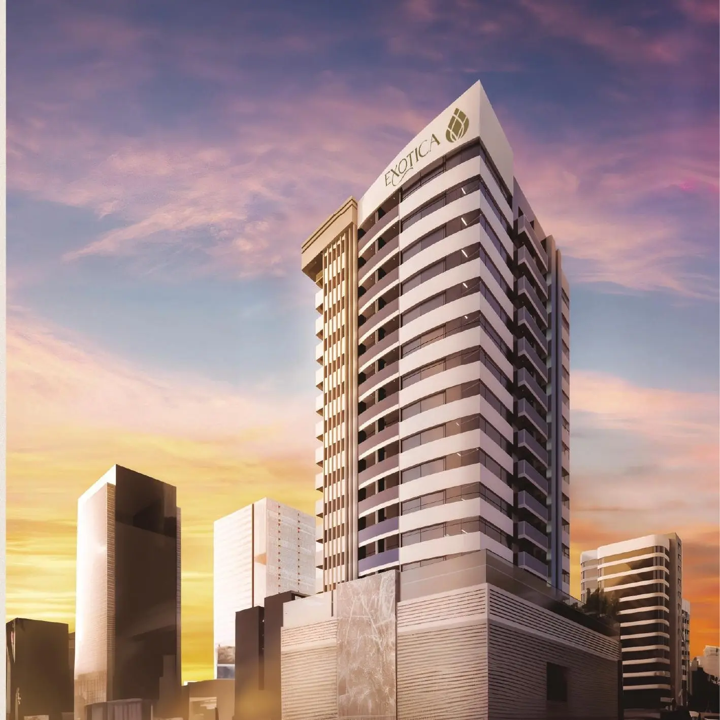 Exotica tower at sunset among neighboring buildings