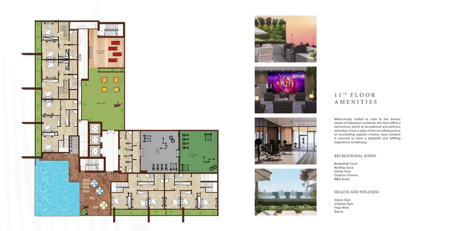 11th floor plan with amenity images