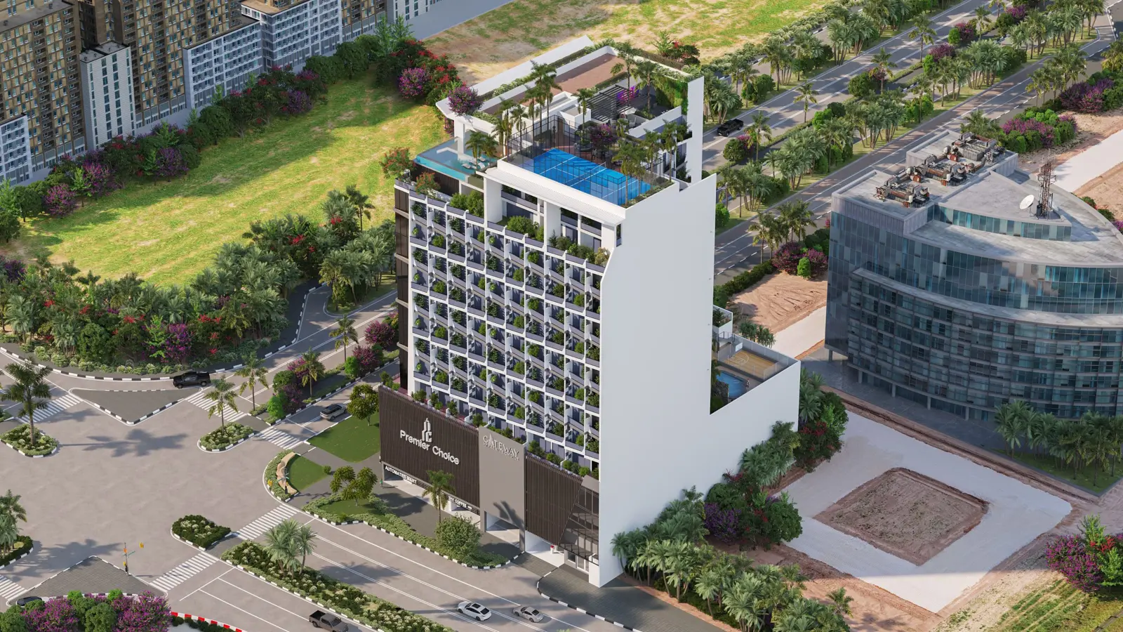 Aerial view of tower with rooftop padel court