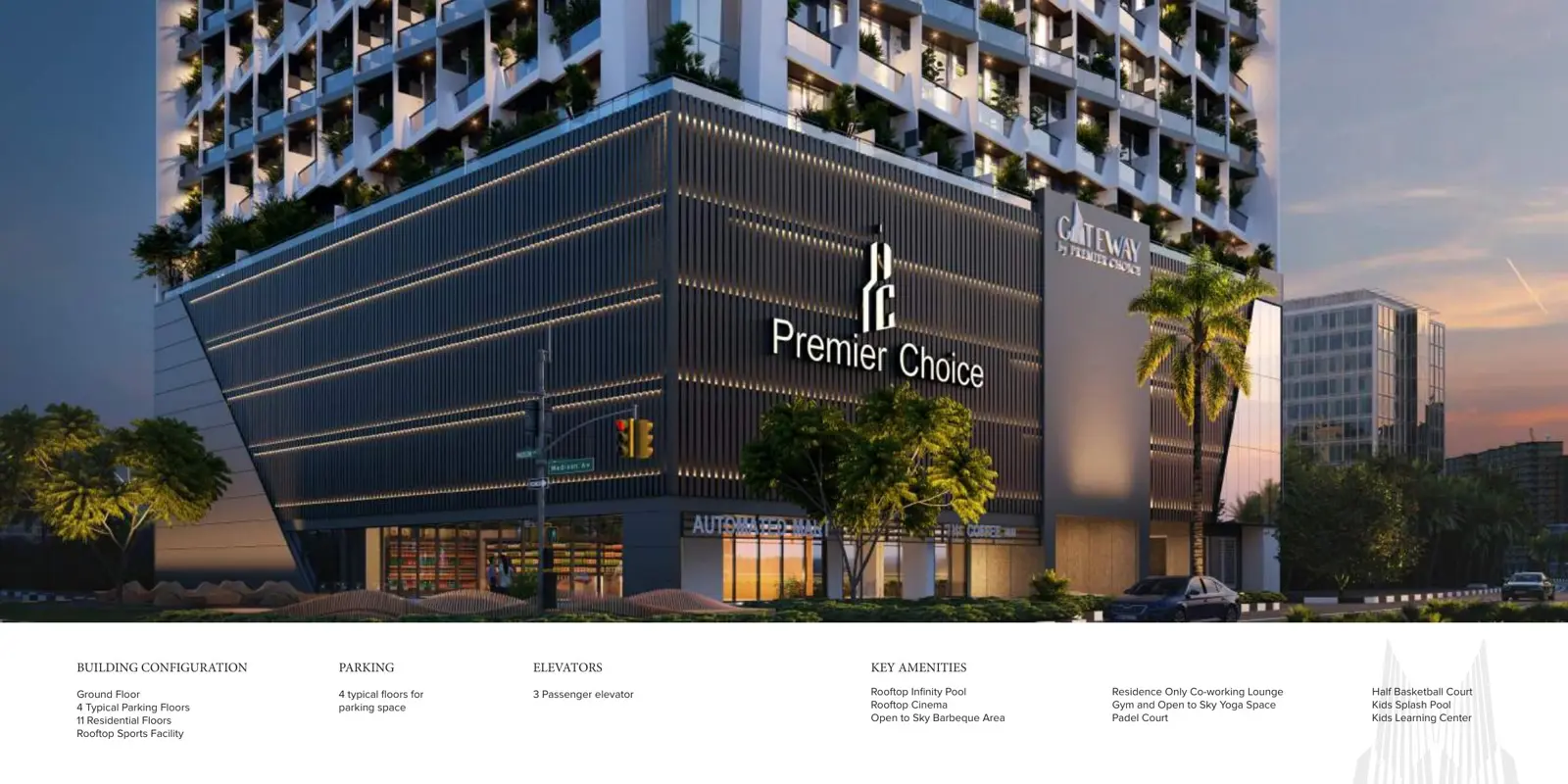 Podium facade at dusk with building configuration