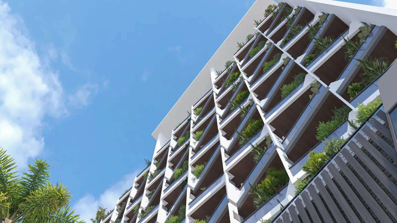 Looking up at planted balconies