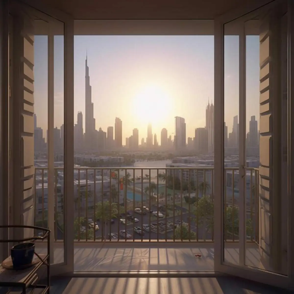 Balcony view of a skyline at sunset