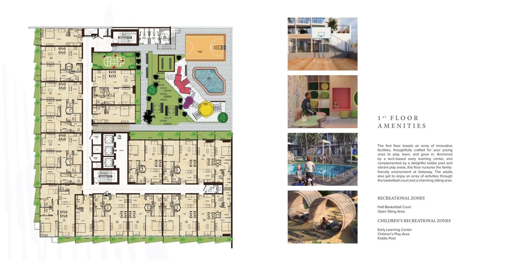 First floor plan with amenity images