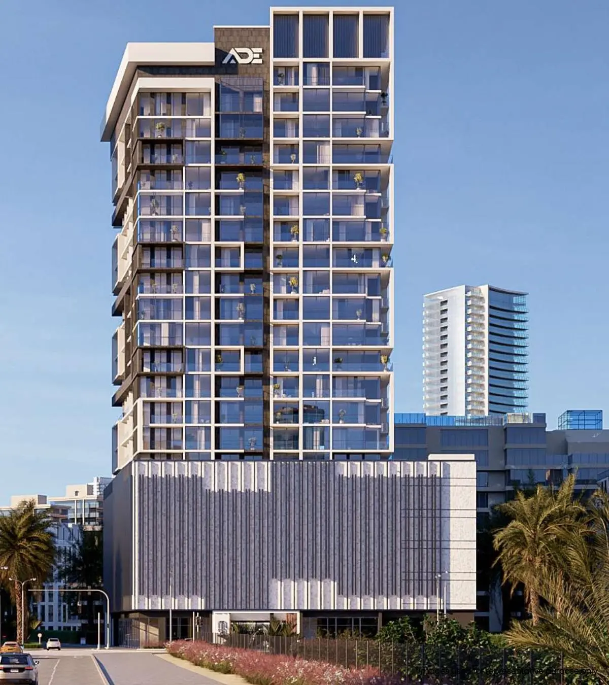 Tower facade seen from the street in daylight