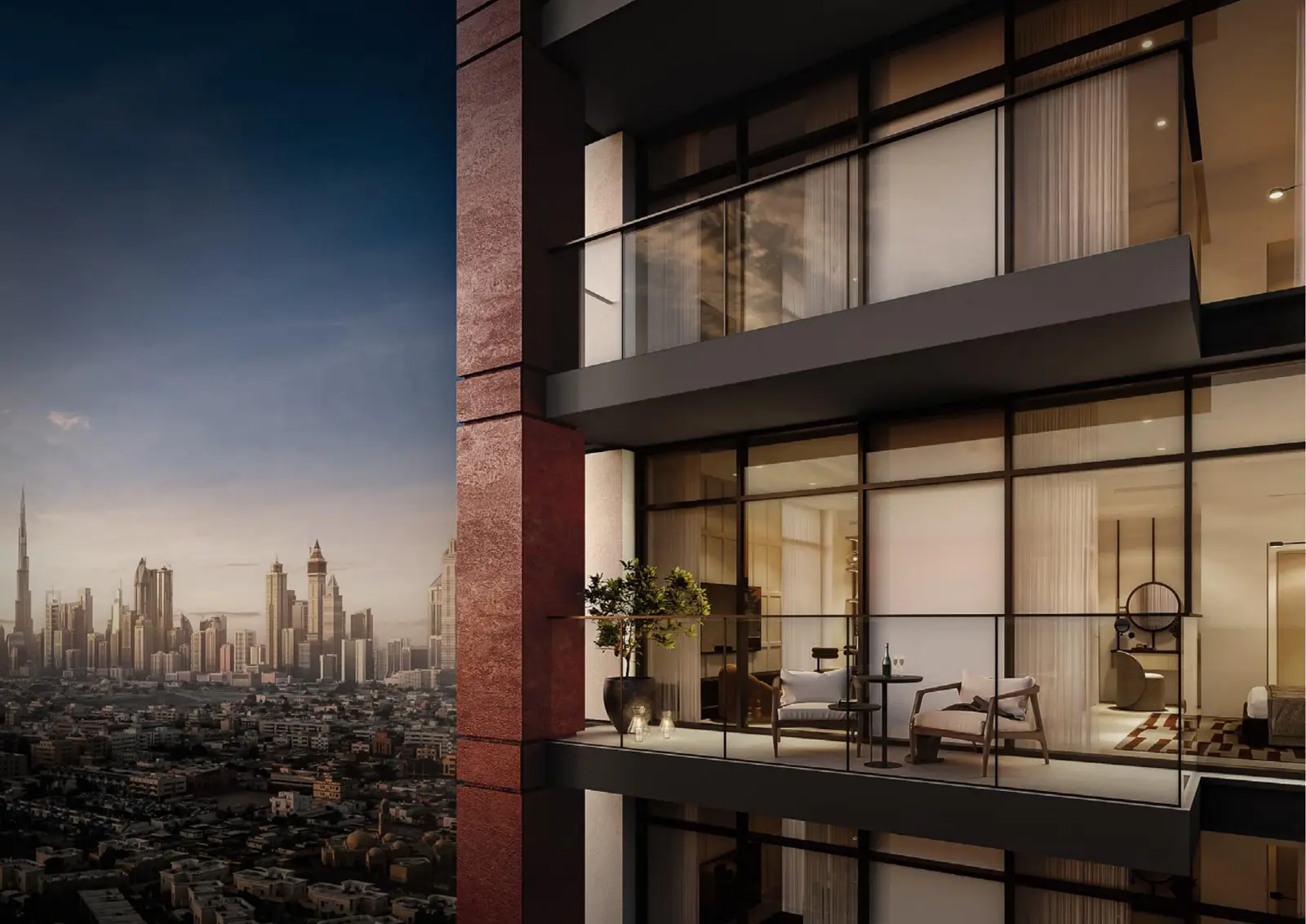 Tower balconies facing the Dubai skyline at dusk