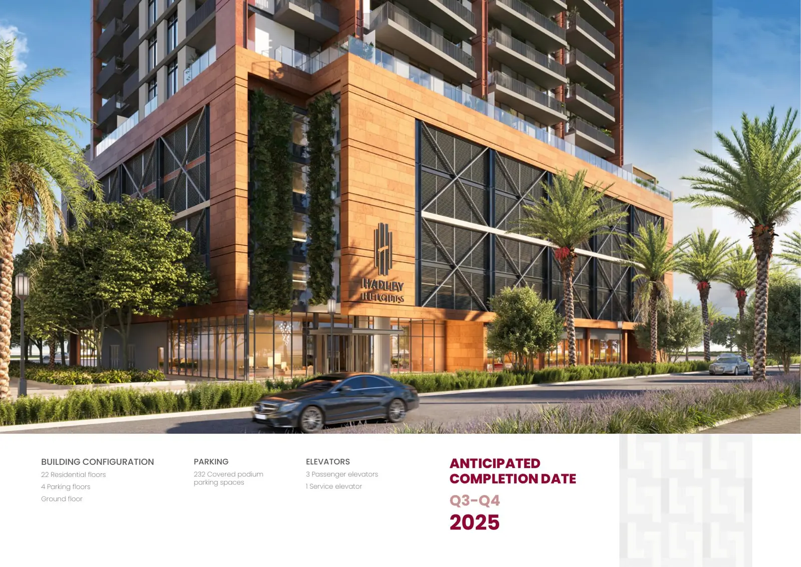 Podium entrance with palms, green wall and car