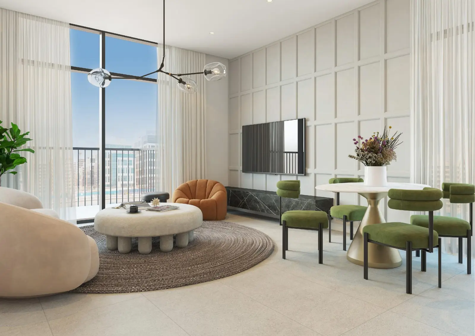 Living and dining area with floor-to-ceiling windows