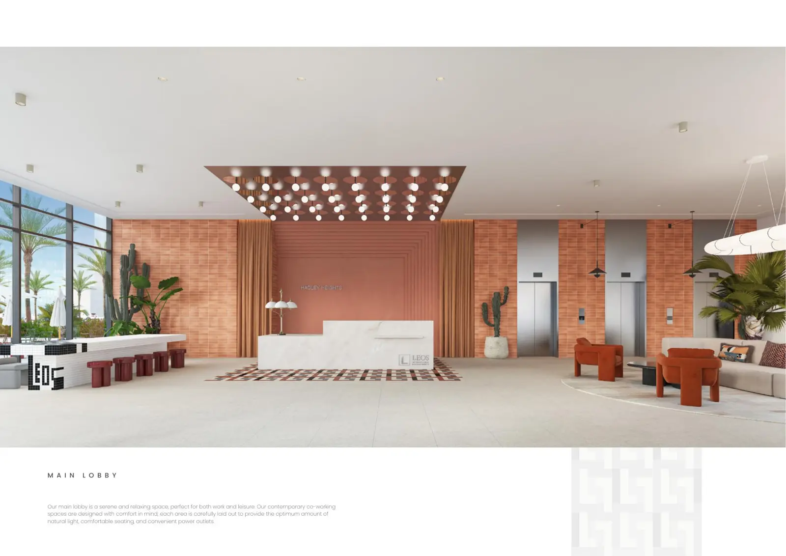 Main lobby with reception desk and terracotta walls