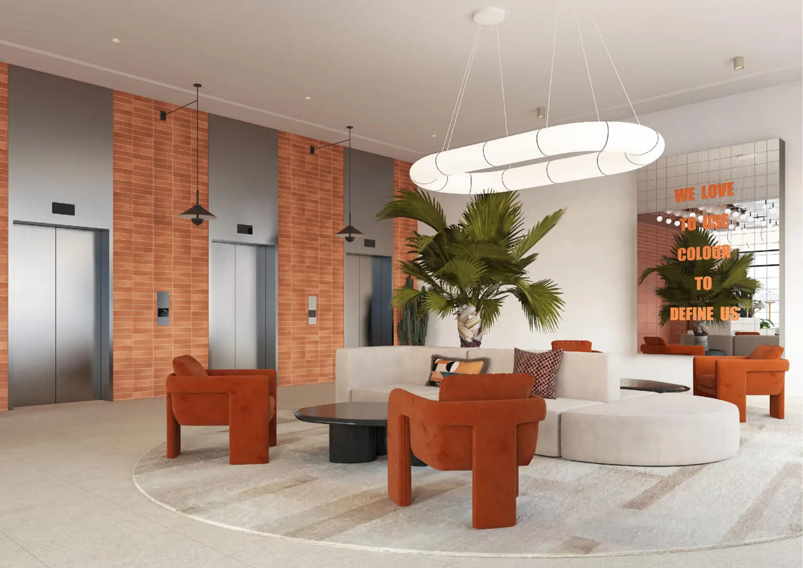 Elevator lobby with orange armchairs and sofa